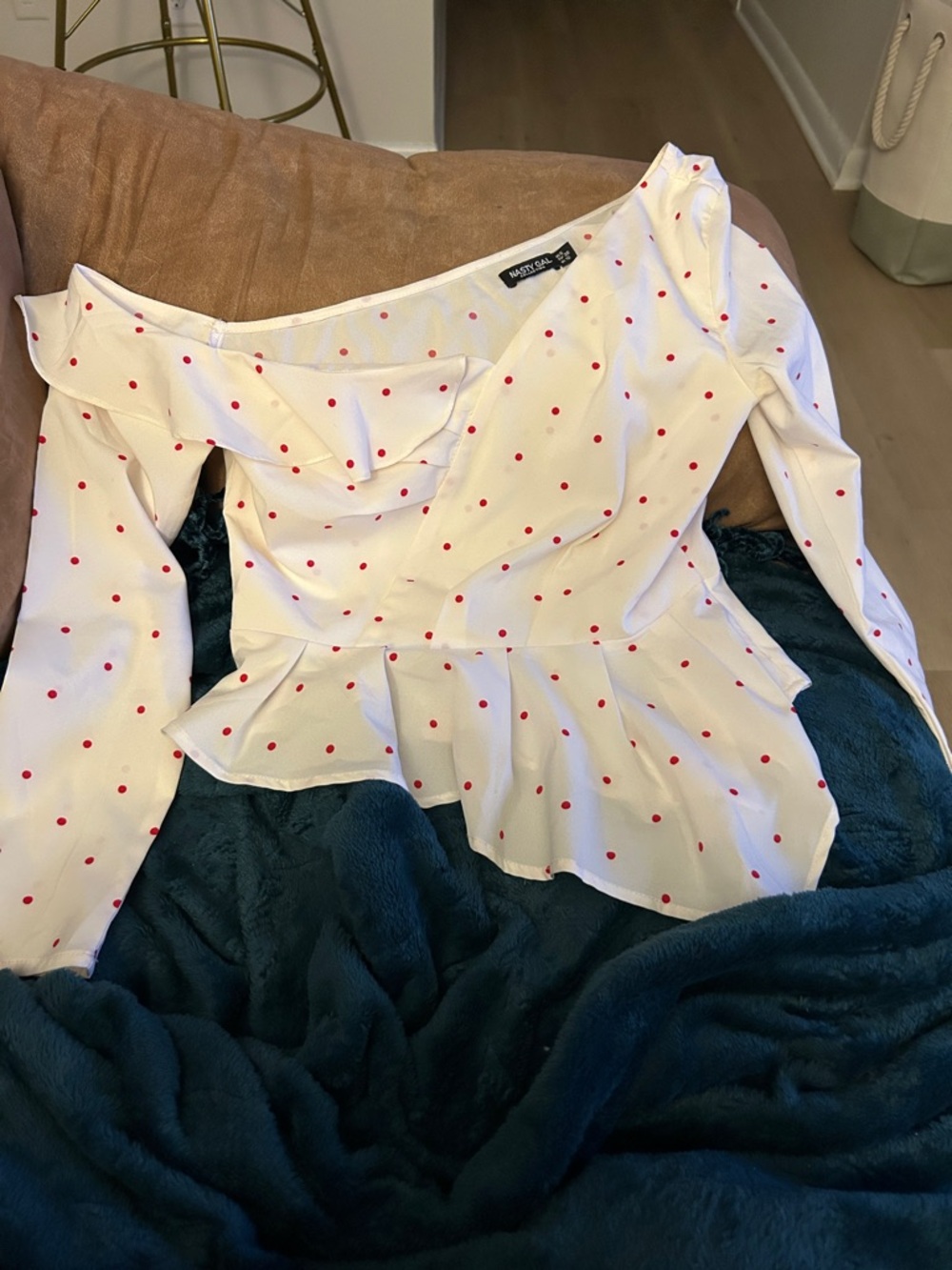 Nasty Gal White Blouse with Red Polka Dots and Peplum